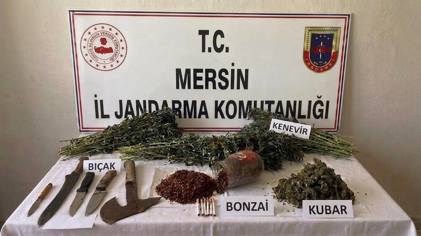 MERSİN'DE JANDARMA EKİPLERİNİN UYUŞTURUCU MADDE TİCARETİ VE YASA DIŞI KENEVİR EKİMİNE YÖNELİK DÜZENLEDİĞİ OPERASYONDA 27 KÖK KENEVİR BİTKİSİ, 893 GRAM BONZAİ VE 487 GRAM KUBAR ESRAR ELE GEÇİRİLDİ.