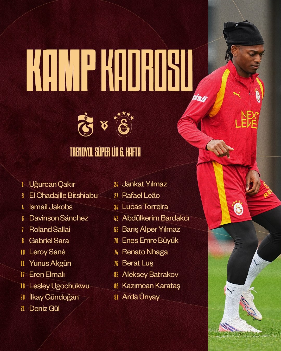 GALATASARAY'IN, TRENDYOL SÜPER LİG'İN 6. HAFTASINDA YARIN DEPLASMANDA TRABZONSPOR İLE OYNAYACAĞI MAÇIN KAMP KADROSU BELLİ OLDU.