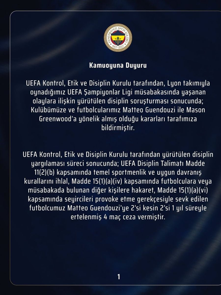 FENERBAHÇE KULÜBÜ, LYON İLE OYNADIKLARI UEFA ŞAMPİYONLAR LİGİ PLAY-OFF TURU MAÇINDA YAŞANAN OLAYLAR SONRASINDA UEFA'NIN DİSİPLİN SORUŞTURMASI SONRA ALMIŞ OLDUĞU KARARLAR HAKKINDA AÇIKLAMA YAYIMLADI.