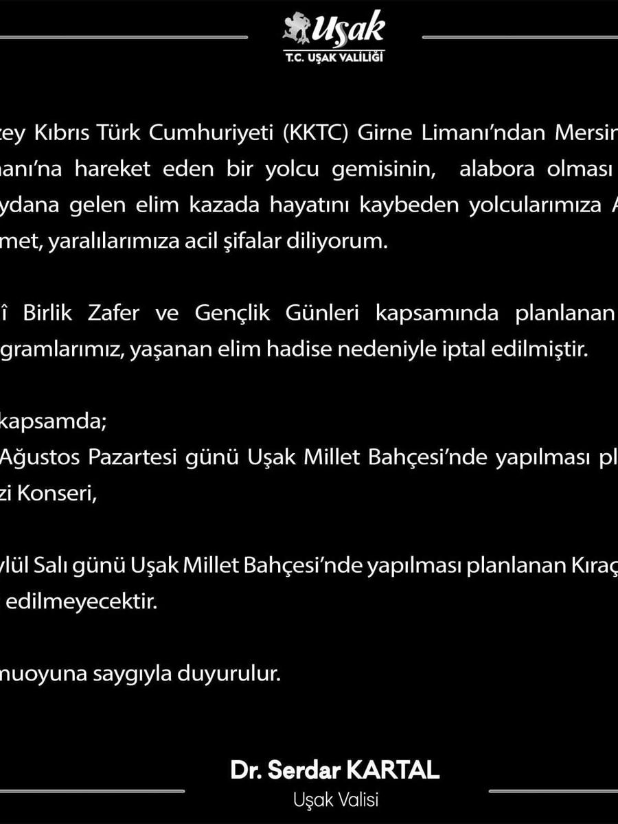 Uşak’ta Milli Birlik Zafer ve Gençlik Günleri kapsamında gerçekleştirilecek konserler iptal edildi