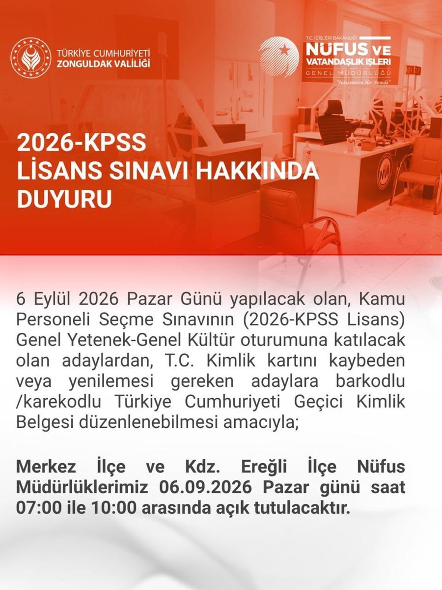KPSS için Zonguldak’ta nüfus müdürlükleri pazar günü açık