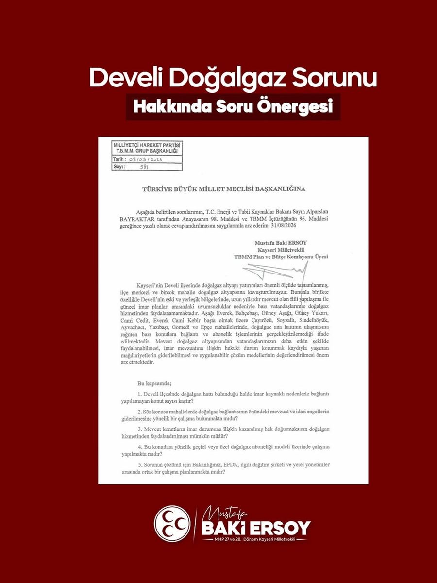 Baki Ersoy, Develi’deki doğalgaz sorununu meclis gündemine taşıdı