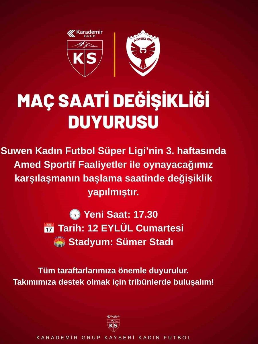 Kayseri Kadın FK’nın Amed’i konuk edeceği maçın saati değişti